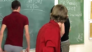 Twink teacher orders his students to suck his hard pecker