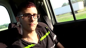 Dirty twink bitch plays with his prick in the car