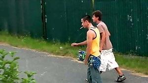 Two freaky twinks blow and bang each other hard outdoors